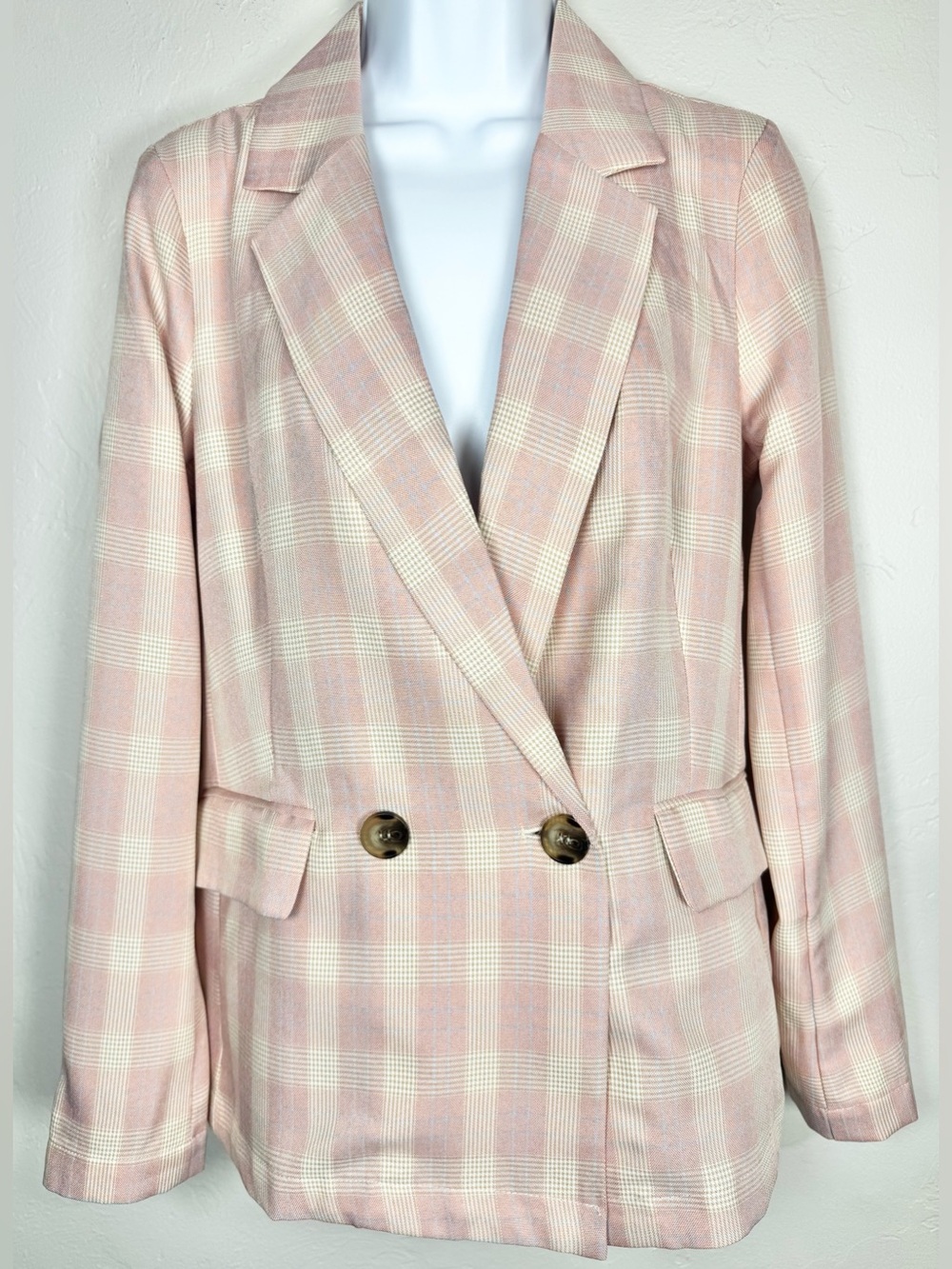 Hem & Thread Pink and Cream Plaid Double-Breasted Blazer Size Small - Picture 5 of 13
